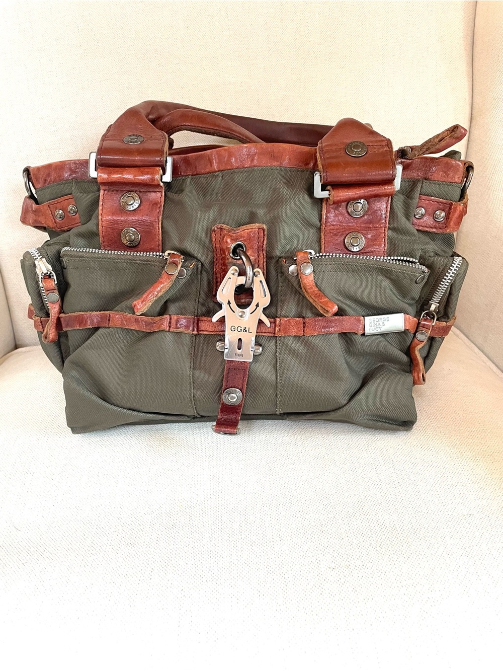 GG&L Mount Everest Y2K Olive Green Bag with Brown Leather Trim